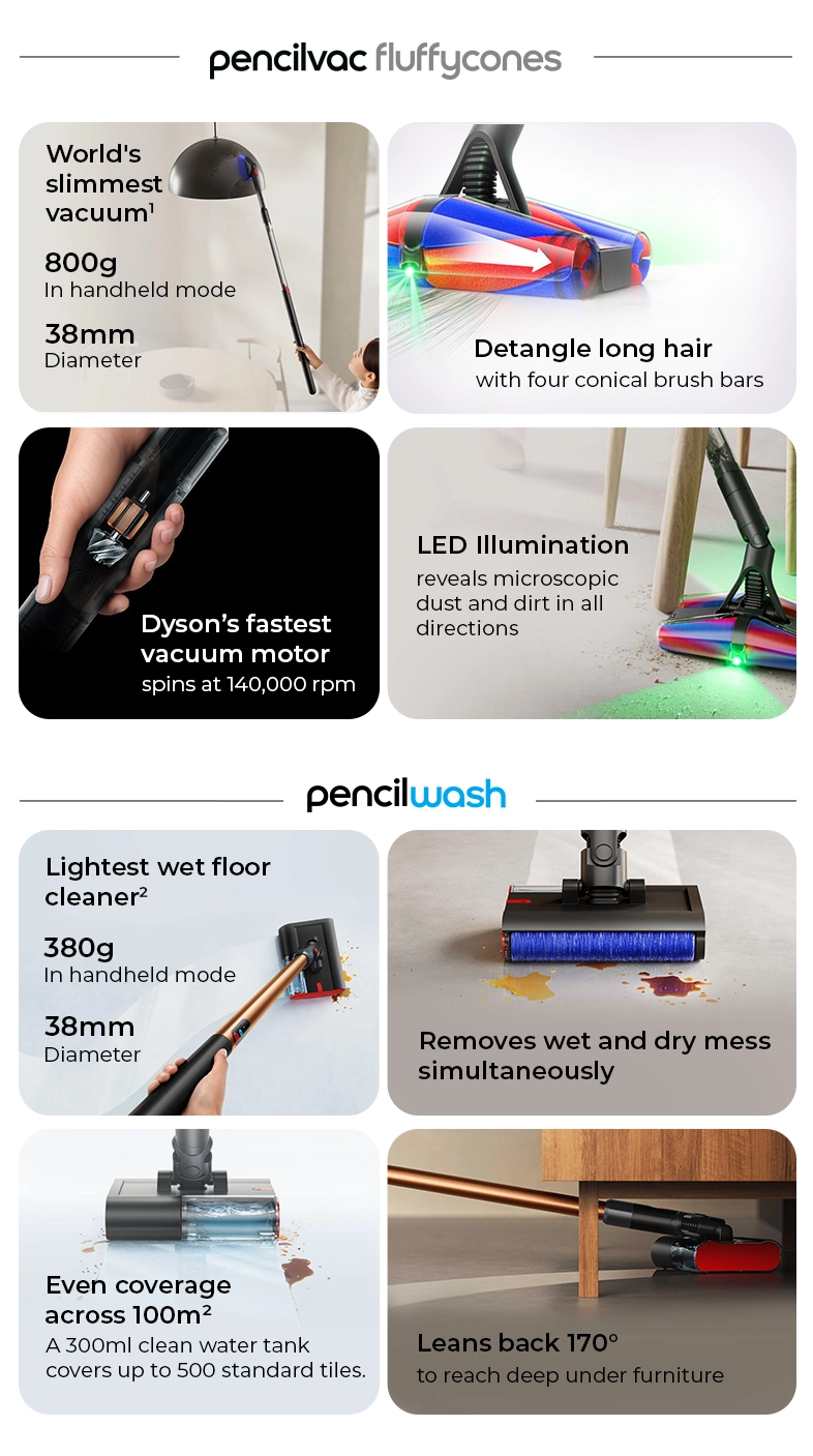 Key specifications for Dyson PencilVac Fluffycone and PencilWash